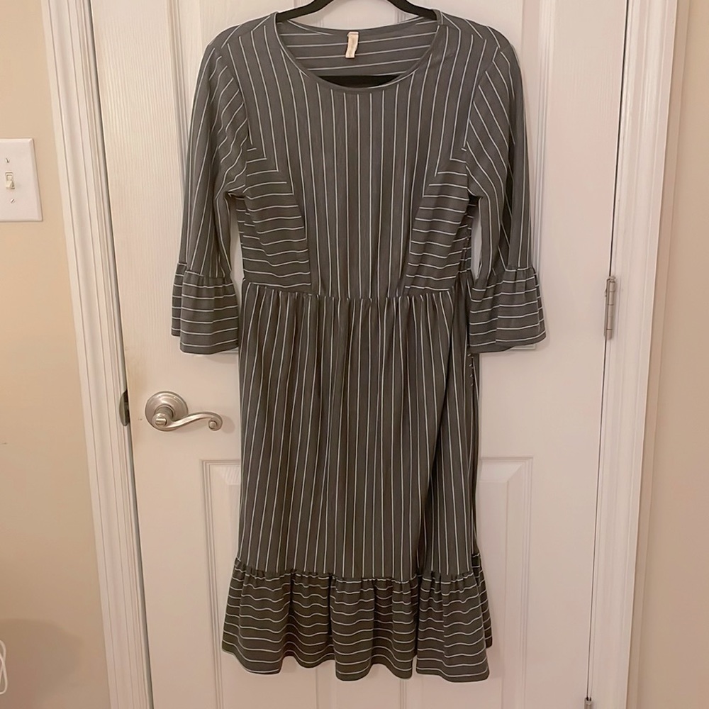 Charcoal Pinstriped Ruffle Maternity Dress
